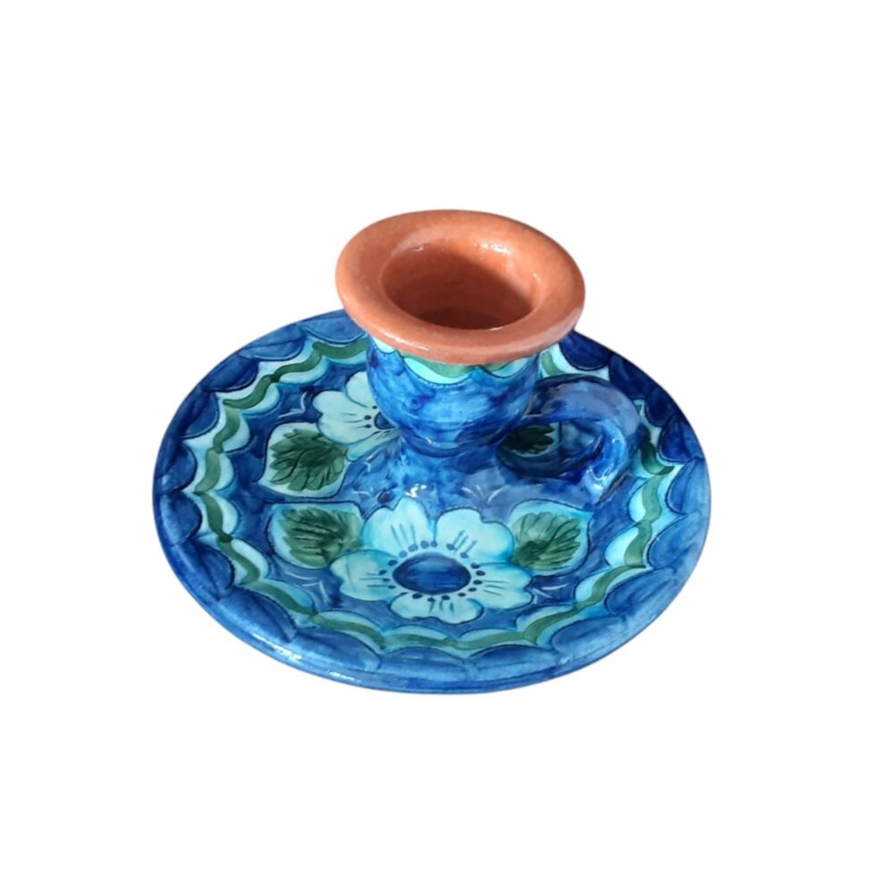 Vintage Handmade Pottery Chamberstick Candlestick Holder. Portugal. Signed